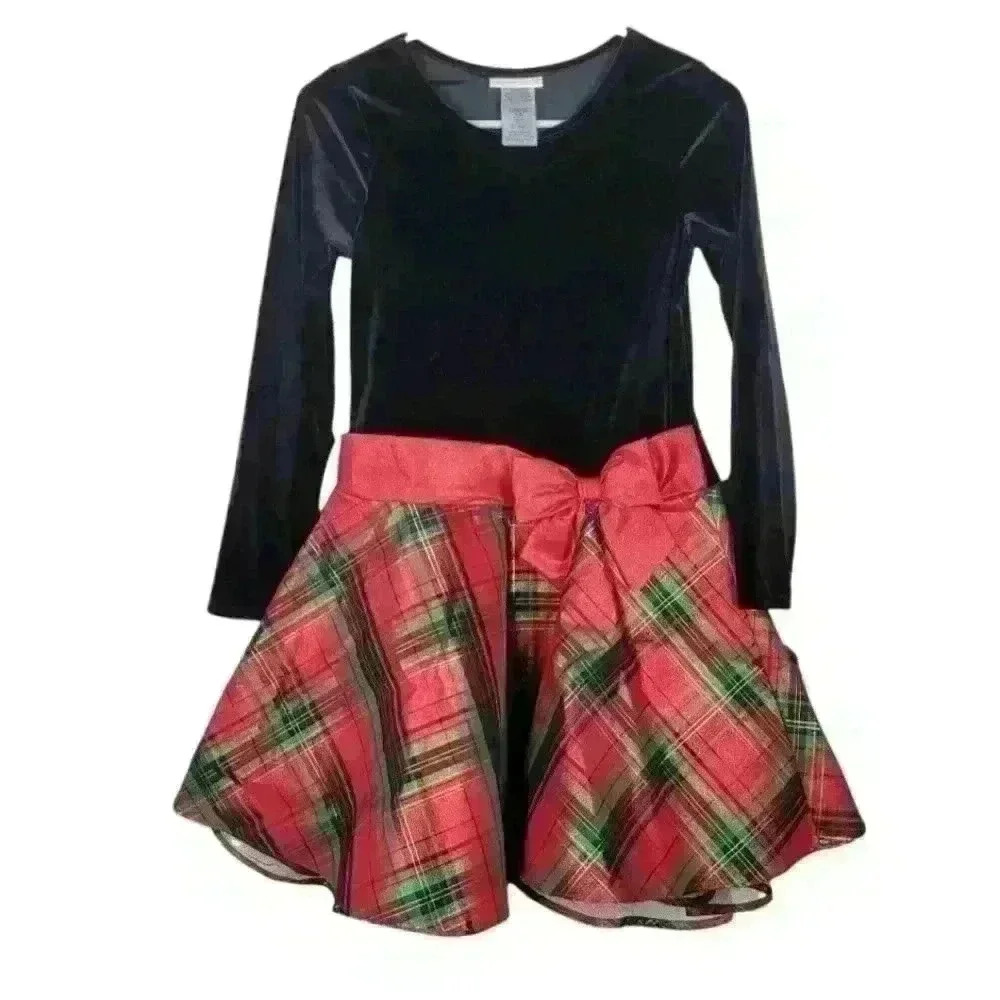 NWT Bonnie Jean Red Velvet & Plaid twirl Holiday Party Dress Sz 14